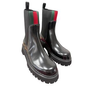 Gucci Thea Slip On Chelsea Ankle Boot Black Leather Web Womens 40